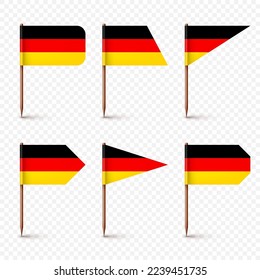 Varias banderas alemanas realistas. Un recuerdo de Alemania. Muelles de madera con bandera de papel. Marca de ubicación, puntero de mapa. Burla en blanco para publicidad y promociones. Ilustración del vector