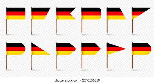 Varias banderas alemanas realistas. Un recuerdo de Alemania. Muelles de madera con bandera de papel. Marca de ubicación, puntero de mapa. Burla en blanco para publicidad y promociones. Ilustración del vector