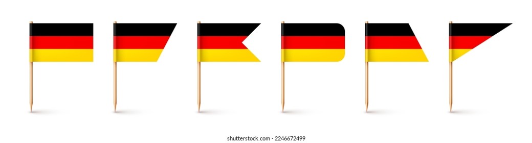 Realistische, verschiedene deutsche Zahnstochflags. Souvenir aus Deutschland. Hölzerne Zahnpflücke mit Papierfahne. Ortsmarke, Kartenzeiger. Blank mock up for advertising and promotions. Vektorgrafik