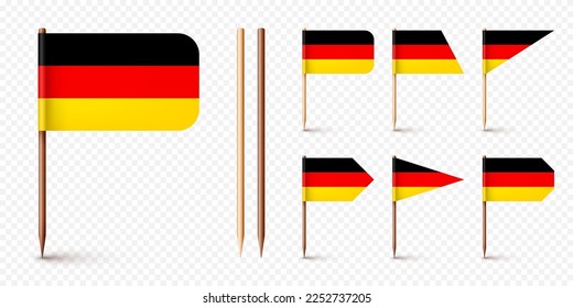 Realistic various German toothpick flags. Souvenir from Germany. Wooden toothpicks with paper flag. Location mark, map pointer. Blank mockup for advertising and promotions. Vector illustration