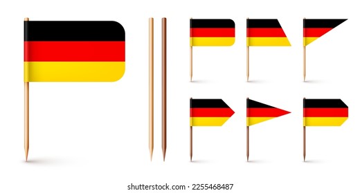Realistic various German toothpick flags. Souvenir from Germany. Wooden toothpicks with paper flag. Location mark, map pointer. Blank mockup for advertising and promotions. Vector illustration