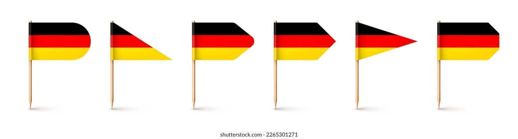 Realistic various German toothpick flags. Souvenir from Germany. Wooden toothpicks with paper flag. Location mark, map pointer. Blank mockup for advertising and promotions. Vector illustration