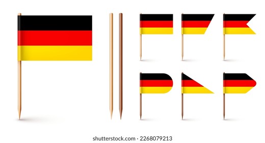 Realistic various German toothpick flags. Souvenir from Germany. Wooden toothpicks with paper flag. Location mark, map pointer. Blank mockup for advertising and promotions. Vector illustration