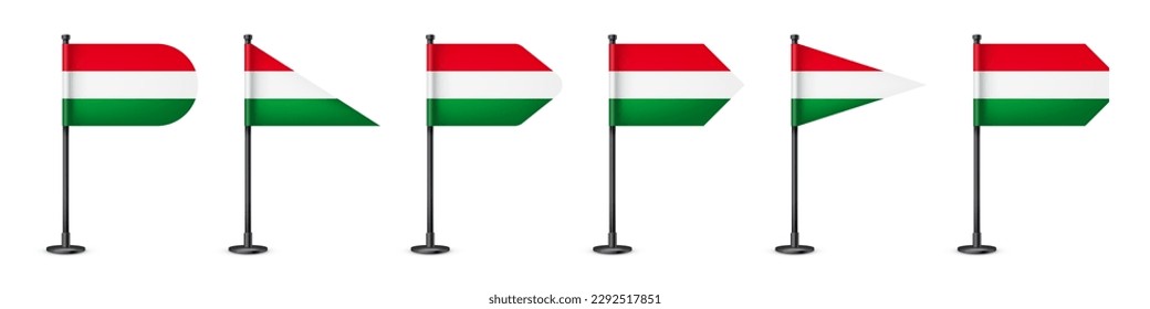 Realistic various Hungarian table flags on a black steel pole. Souvenir from Hungary. Desk flag made of paper or fabric, shiny metal stand. Mockup for promotion and advertising. Vector illustration