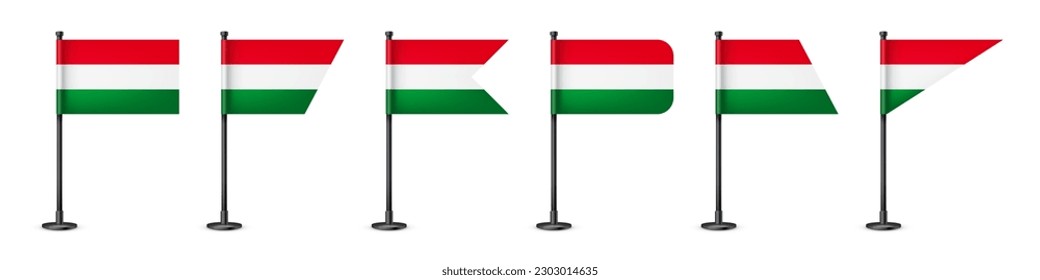 Realistic various Hungarian table flags on a black steel pole. Souvenir from Hungary. Desk flag made of paper or fabric, shiny metal stand. Mockup for promotion and advertising. Vector illustration