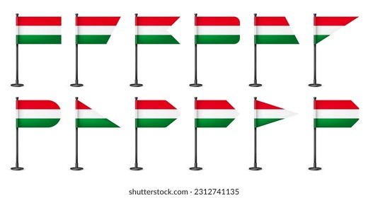 Varias banderas de mesa húngaras realistas sobre un asta de acero negro. Un recuerdo de Hungría. Bandera de escritorio hecha de papel o tela, soporte de metal brillante. Tragedia para promoción y publicidad. Ilustración del vector