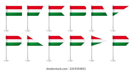 Realistic various Hungarian table flags on a chrome steel pole. Souvenir from Hungary. Desk flag made of paper or fabric, shiny metal stand. Mockup for promotion and advertising. Vector illustration