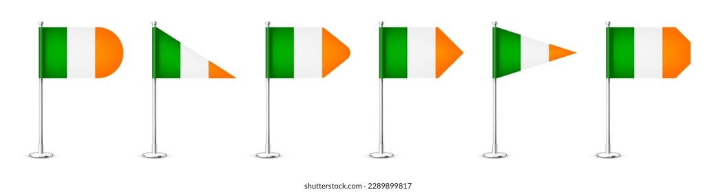 Realistic various Iriah table flags on a chrome steel pole. Souvenir from Ireland. Desk flag made of paper or fabric, shiny metal stand. Mockup for promotion and advertising. Vector illustration