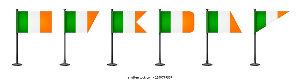 Realistic various Irish table flags on a black steel pole. Souvenir from Ireland. Desk flag made of paper or fabric, shiny metal stand. Mockup for promotion and advertising. Vector illustration