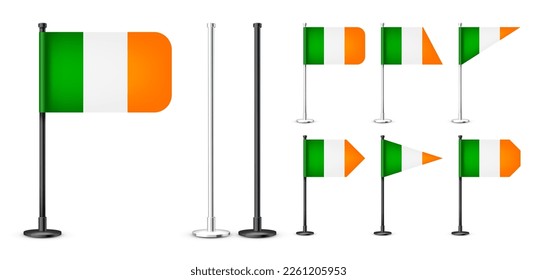 Realistic various Irish table flags on a black steel pole. Souvenir from Ireland. Desk flag made of paper or fabric, shiny metal stand. Mockup for promotion and advertising. Vector illustration