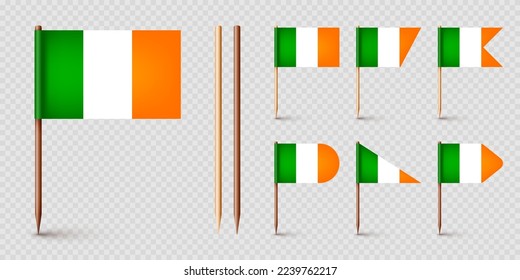 Realistic various Irish toothpick flags. Souvenir from Ireland. Wooden toothpicks with paper flag. Location mark, map pointer. Blank mockup for advertising and promotions. Vector illustration