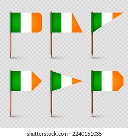 Realistic various Irish toothpick flags. Souvenir from Ireland. Wooden toothpicks with paper flag. Location mark, map pointer. Blank mockup for advertising and promotions. Vector illustration