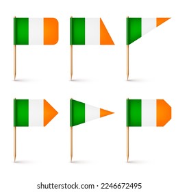 Banderas irlandesas de recolección de dientes. Un recuerdo de Irlanda. Muelles de madera con bandera de papel. Marca de ubicación, puntero de mapa. Burla en blanco para publicidad y promociones. Ilustración del vector