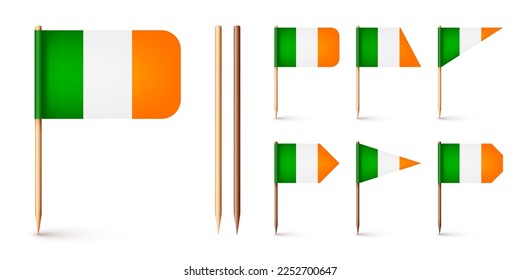 Realistic various Irish toothpick flags. Souvenir from Ireland. Wooden toothpicks with paper flag. Location mark, map pointer. Blank mockup for advertising and promotions. Vector illustration