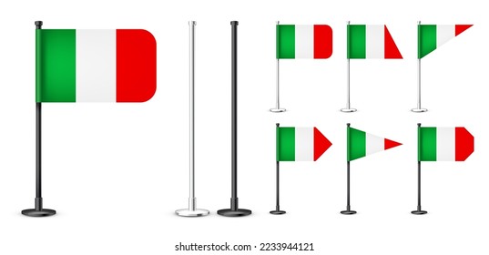 Realistic various Italian table flags on a black steel pole. Souvenir from Italy. Desk flag made of paper or fabric, shiny metal stand. Mockup for promotion and advertising. Vector illustration