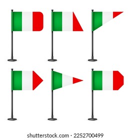 Realistic various Italian table flags on a black steel pole. Souvenir from Italy. Desk flag made of paper or fabric, shiny metal stand. Mockup for promotion and advertising. Vector illustration