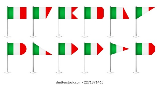 Realistic various Italian table flags on a chrome steel pole. Souvenir from Italy. Desk flag made of paper or fabric, shiny metal stand. Mockup for promotion and advertising. Vector illustration