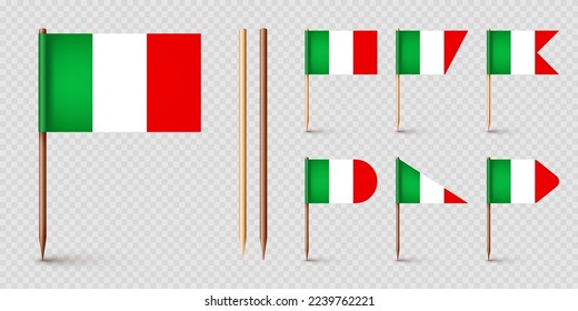Realistic various Italian toothpick flags. Souvenir from Italy. Wooden toothpicks with paper flag. Location mark, map pointer. Blank mockup for advertising and promotions. Vector illustration