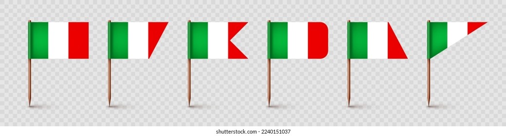 Realistic various Italian toothpick flags. Souvenir from Italy. Wooden toothpicks with paper flag. Location mark, map pointer. Blank mockup for advertising and promotions. Vector illustration
