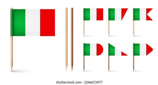 Realistic various Italian toothpick flags. Souvenir from Italy. Wooden toothpicks with paper flag. Location mark, map pointer. Blank mockup for advertising and promotions. Vector illustration