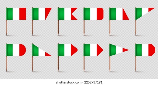 Realistic various Italian toothpick flags. Souvenir from Italy. Wooden toothpicks with paper flag. Location mark, map pointer. Blank mockup for advertising and promotions. Vector illustration