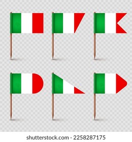 Realistische, verschiedene italienische Zahnpappenfahnen. Souvenir aus Italien. Hölzerne Zahnpflücke mit Papierfahne. Ortsmarke, Kartenzeiger. Blank mock up for advertising and promotions. Vektorgrafik