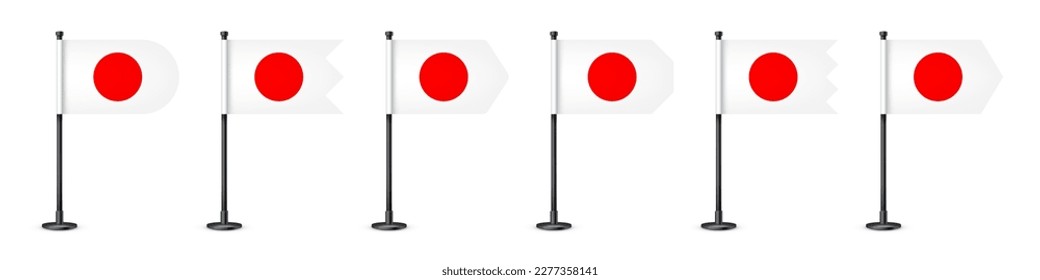 Varias banderas de mesa japonesas realistas sobre un asta de acero negro. Un recuerdo de Japón. Bandera de escritorio hecha de papel o tela, soporte de metal brillante. Tragedia para promoción y publicidad. Ilustración del vector