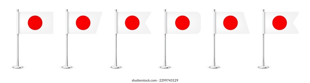 Realistische verschiedene japanische Tischfahnen auf einem Chromstahl-Pol. Souvenir aus Japan. Schreibtischflagge aus Papier oder Stoff, glänzender Metallständer. Mock up for promotion and advertising. Vektorgrafik