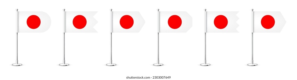 Realistic various Japanese table flags on a chrome steel pole. Souvenir from Japan. Desk flag made of paper or fabric, shiny metal stand. Mockup for promotion and advertising. Vector illustration