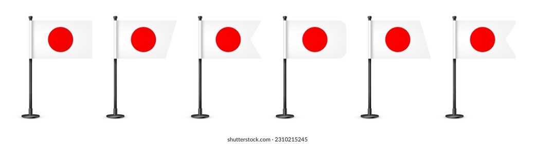 Realistische verschiedene japanische Tischfahnen auf einem schwarzen Stahlpol. Souvenir aus Japan. Schreibtischflagge aus Papier oder Stoff, glänzender Metallständer. Mock up for promotion and advertising. Vektorgrafik