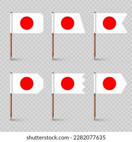 Realistic various Japanese toothpick flags. Souvenir from Japan. Wooden toothpicks with paper flag. Location mark, map pointer. Blank mockup for advertising and promotions. Vector illustration