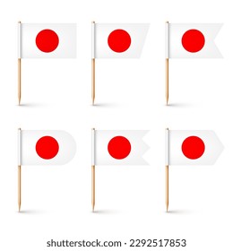 Banderas japonesas de recolección de dientes realistas. Un recuerdo de Japón. Muelles de madera con bandera de papel. Marca de ubicación, puntero de mapa. Burla en blanco para publicidad y promociones. Ilustración del vector