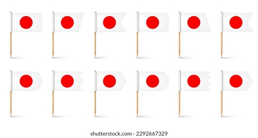 Realistic various Japanese toothpick flags. Souvenir from Japan. Wooden toothpicks with paper flag. Location mark, map pointer. Blank mockup for advertising and promotions. Vector illustration