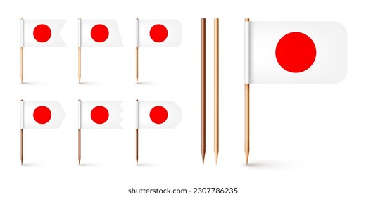 Realistic various Japanese toothpick flags. Souvenir from Japan. Wooden toothpicks with paper flag. Location mark, map pointer. Blank mockup for advertising and promotions. Vector illustration