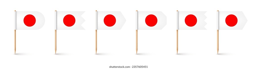 Realistic various Japanese toothpick flags. Souvenir from Japan. Wooden toothpicks with paper flag. Location mark, map pointer. Blank mockup for advertising and promotions. Vector illustration
