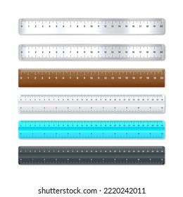 Realistic various metal and plastic rulers with measurement scale and divisions, measure marks. School ruler, centimeter and inch scale for length measuring. Office supplies. Vector illustration