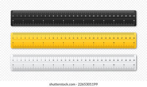 Varios gobernantes plásticos realistas con escala de medida y divisiones miden marcas. Escala de regla escolar, centímetro y pulgada para medir la longitud. Suministros de oficina. Ilustración del vector