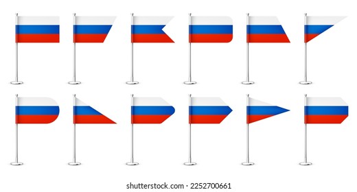 Realistic various Russian table flags on a chrome steel pole. Souvenir from Russia. Desk flag made of paper or fabric, shiny metal stand. Mockup for promotion and advertising. Vector illustration