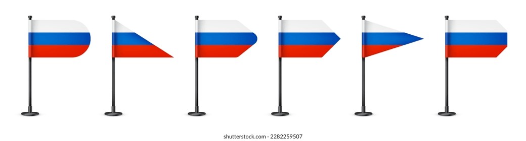 Realistic various Russian table flags on a black steel pole. Souvenir from Russia. Desk flag made of paper or fabric, shiny metal stand. Mockup for promotion and advertising. Vector illustration