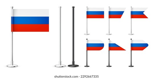 Realistic various Russian table flags on a chrome steel pole. Souvenir from Russia. Desk flag made of paper or fabric, shiny metal stand. Mockup for promotion and advertising. Vector illustration