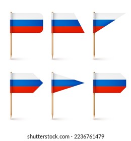 Realistic various Russian toothpick flags. Souvenir from Russia. Wooden toothpicks with paper flag. Location mark, map pointer. Blank mockup for advertising and promotions. Vector illustration