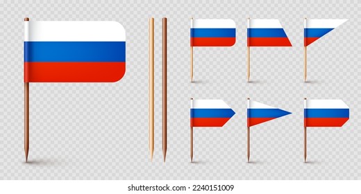Realistic various Russian toothpick flags. Souvenir from Russia. Wooden toothpicks with paper flag. Location mark, map pointer. Blank mockup for advertising and promotions. Vector illustration
