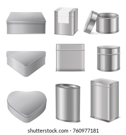 Realistic Various Shapes Tin Boxes Mockup Packaging Collection Of Metal Stainless Steel Triangle Heart Cylinder Vector Illustration 