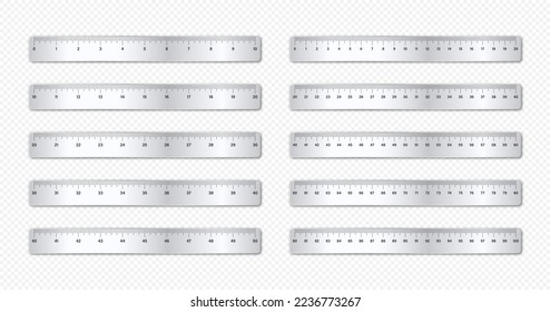 Realistic various shiny metal rulers with measurement scale and divisions, measure marks. School ruler, centimeter and inch scale for length measuring. Office supplies. Vector illustration