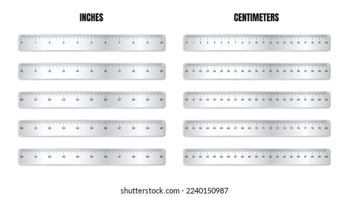 Realistic various shiny metal rulers with measurement scale and divisions, measure marks. School ruler, centimeter and inch scale for length measuring. Office supplies. Vector illustration