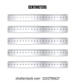 Realistic various shiny metal rulers with measurement scale and divisions, measure marks. School ruler, centimeter scale for length measuring. Office supplies. Vector illustration