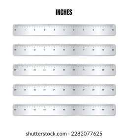 Diversos gobernantes de metales brillantes realistas con escala de medida y divisiones miden marcas. Regla escolar, escala de pulgada para medir la longitud. Suministros de oficina. Ilustración del vector