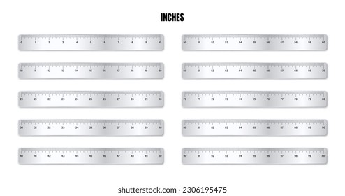 Realistic various shiny metal rulers with measurement scale and divisions, measure marks. School ruler, inch scale for length measuring. Office supplies. Vector illustration