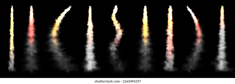 Realistic various space rocket launch trails on black background. Fire burst, explosion. Missile or bullet trail. Jet aircraft tracks. Smoke clouds, fog. Steam flow