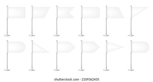 Realistic various table flags on a chrome steel pole. White blank desk flag made of paper or cloth. Shiny metal stand. Mockup for promotion and advertising. Vector illustration